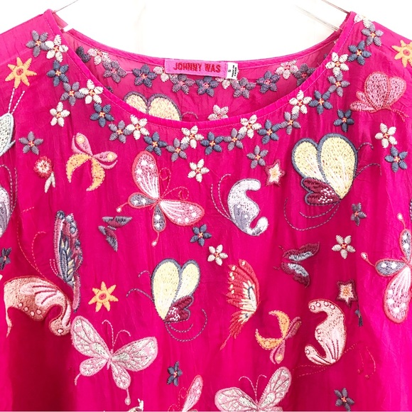 Johnny Was | Butterfly & Floral Embroidered Pink Short Sleeve Bellona Blouse - Picture 3 of 11